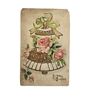 Antique Postcard Birthday Wishes Pink Gold Embossed Roses Victorian Vintage 1911